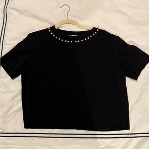 Zara Black Short Sleeve Top with Pearl Detail